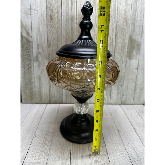 Vtg Decorative Brown Amber Swirl Glass Bowl W/Metal Pedestal & Lid 12.5" Tall - Picture 8 of 14